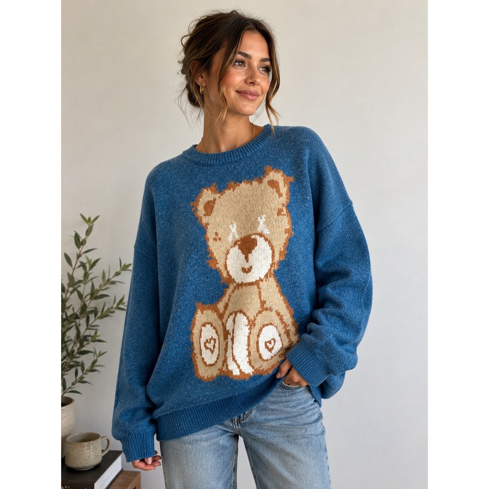 Graphic‎ Teddy Bear Oversized Blue Crewneck Knit Sweater Women Streetwear Style